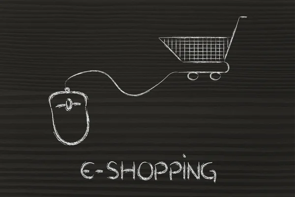 Online business: computer mouse and shopping cart — Stock Photo, Image