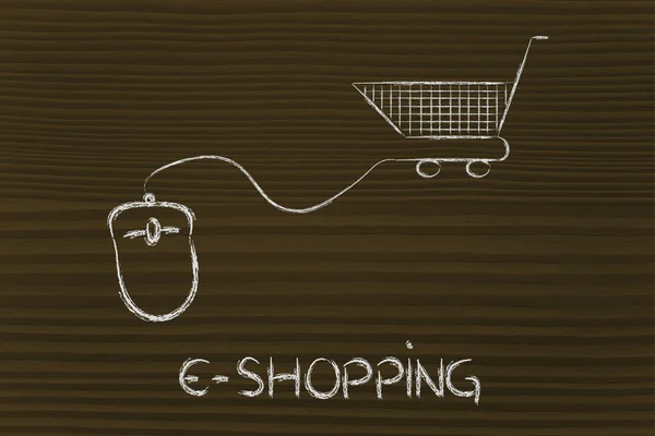 Negocio en línea: ratón de ordenador y carrito de compras — Foto de Stock