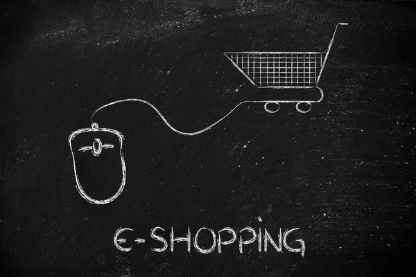 Online business: computer mouse and shopping cart — Stock Photo, Image