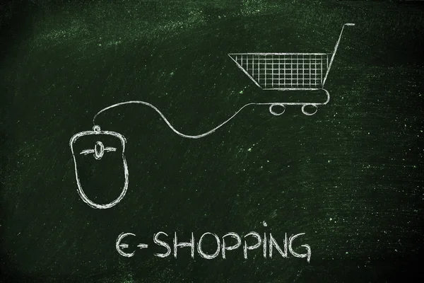 Online business: computer mouse and shopping cart — Stock Photo, Image