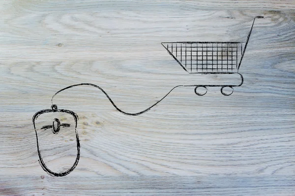 Online business: computer mouse and shopping cart — Stock Photo, Image