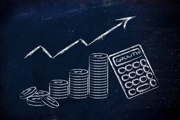 Miniräknare, mynt och positivt index för tillväxt — Stockfoto