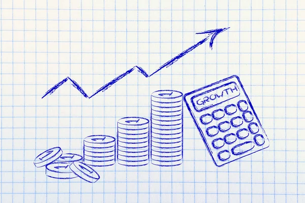 Calculadora, moedas, e índice positivo de crescimento — Fotografia de Stock