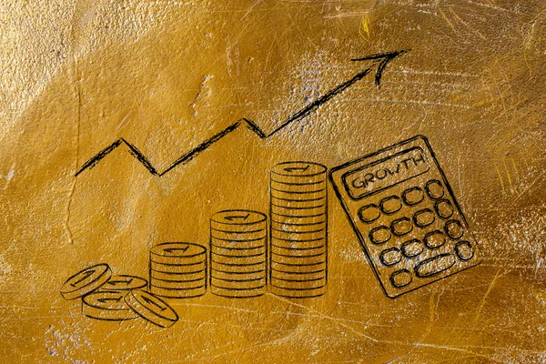 Calculadora, monedas e índice de crecimiento positivo — Foto de Stock