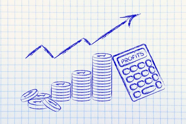 Rekenmachine, munten, en positieve index van winsten — Stockfoto