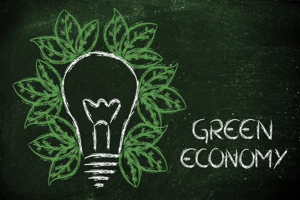 Зеленая экономика, листья растут вокруг идеи — стоковое фото
