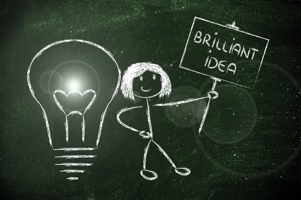 Flicka med idéer och kunskap att främja en lysande idé — Stockfoto