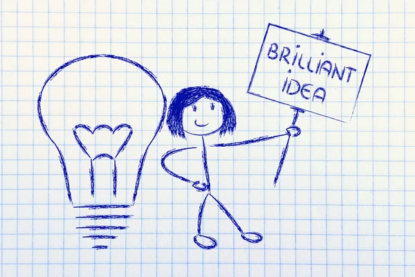 Flicka med idéer och kunskap att främja en lysande idé — Stockfoto