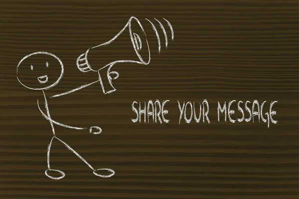 Funny man with megaphone: share your message — Stok Foto