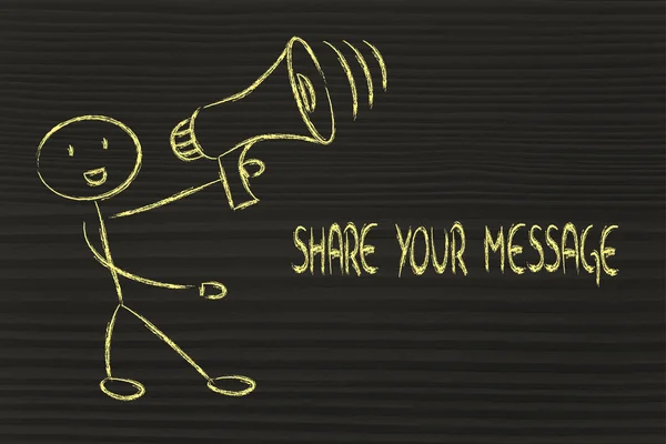 Lustiger Mann mit Megafon: Teilen Sie Ihre Botschaft — Stockfoto