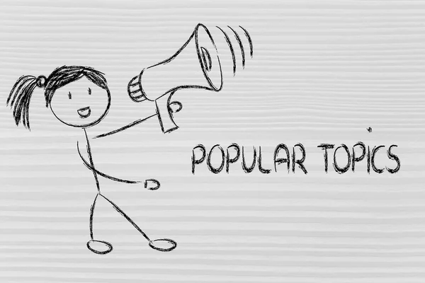 Funny girl with megaphone: popular topics — Stock Photo, Image