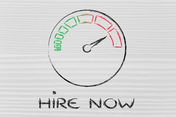 Speedometer and time running fast: hire now — Stock Photo, Image