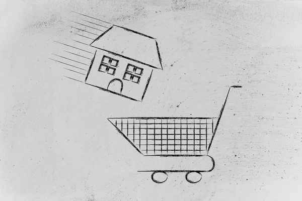 Real estate market,  house into shopping cart — Stock Photo, Image