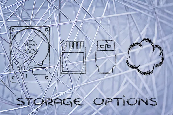 Opciones de almacenamiento: discos duros, tarjeta SD, llave USB o almacenamiento en la nube —  Fotos de Stock