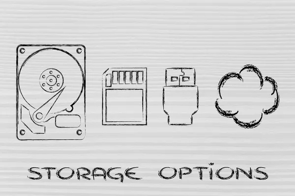 Options de stockage : disques durs, carte SD, clé USB ou stockage en nuage — Photo