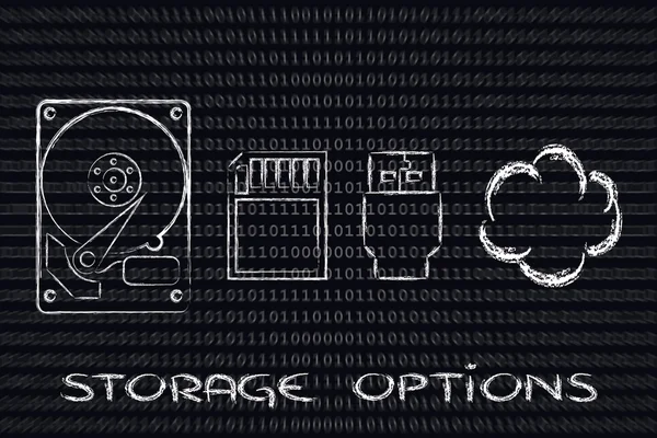 Options de stockage : disques durs, carte SD, clé USB ou stockage en nuage — Photo