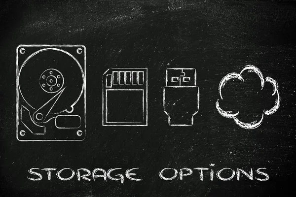 Storage options: hard drives, sd card, usb key or cloud storage — Stock Photo, Image