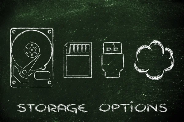 Options de stockage : disques durs, carte SD, clé USB ou stockage en nuage — Photo