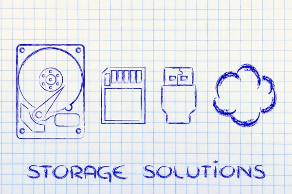 Storage options: hard drives, sd card, usb key or cloud storage — Stock Photo, Image