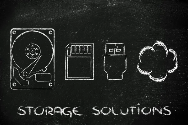 Storage options: hard drives, sd card, usb key or cloud storage — Stock Photo, Image