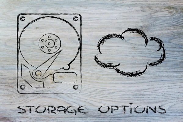 Opciones de almacenamiento: discos duros o almacenamiento en la nube — Foto de Stock
