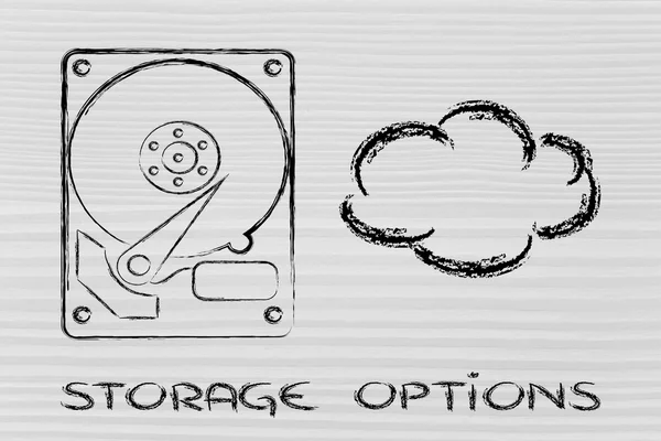Opciones de almacenamiento: discos duros o almacenamiento en la nube — Foto de Stock