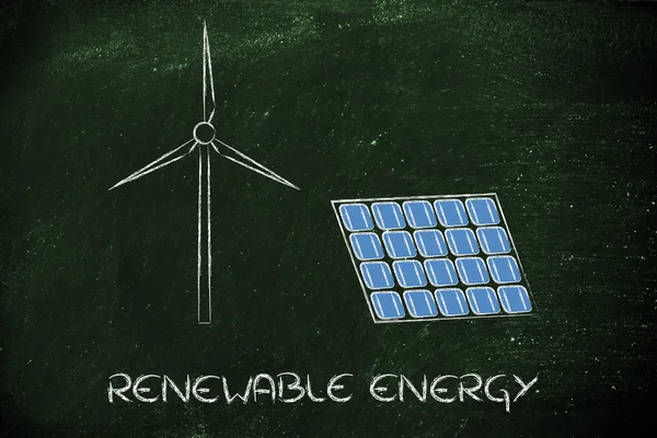 Energía renovable: turbina de parques eólicos y panel solar — Foto de Stock