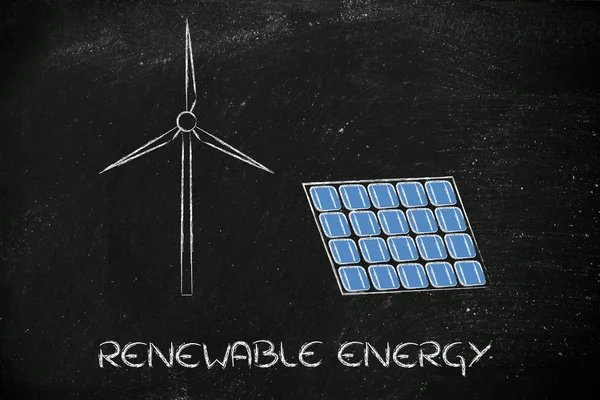 Renewable energy: wind park turbine and solar panel — Stock Photo, Image