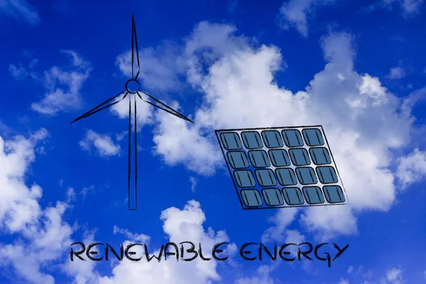 Energia renovável: turbina eólica e painel solar — Fotografia de Stock