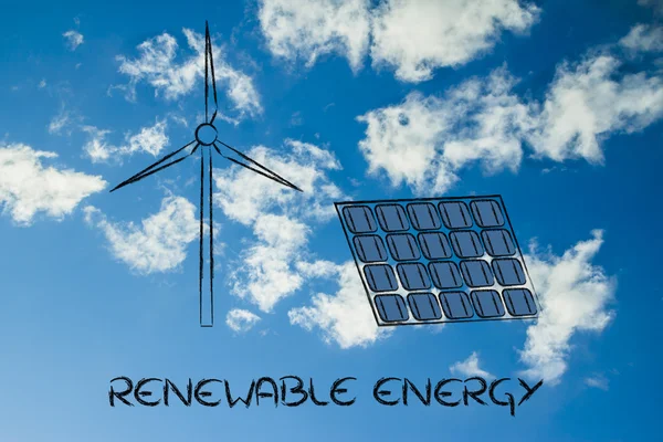 Renewable energy: wind park turbine and solar panel — Stock Photo, Image