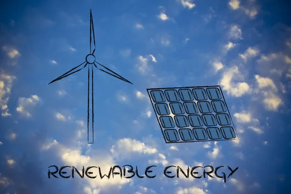 Відновлювана енергетика: турбіна вітропарку та сонячна панель — стокове фото