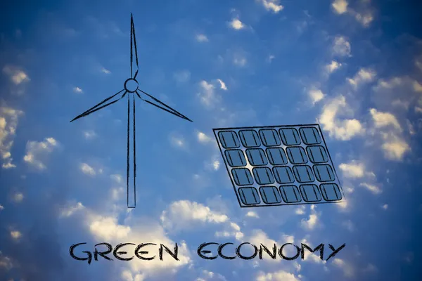 再生可能エネルギー: 風公園タービンとソーラー パネル — ストック写真