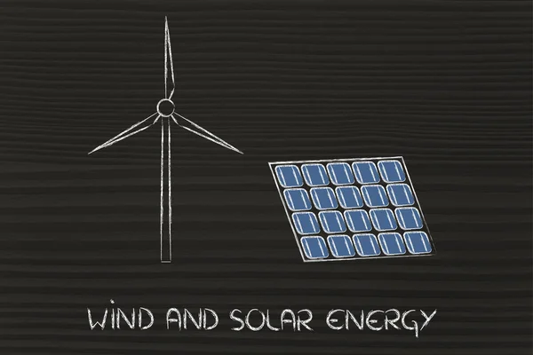 Renewable energy: wind park turbine and solar panel — Stock Photo, Image