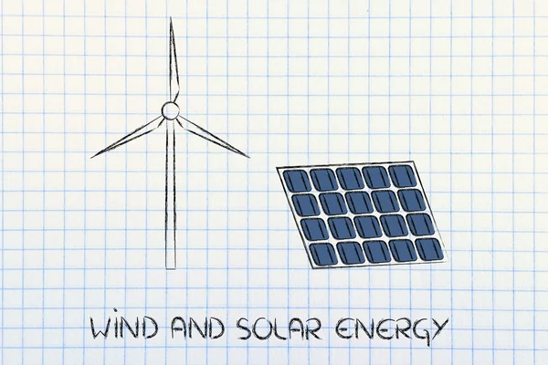 Energía renovable: turbina de parques eólicos y panel solar —  Fotos de Stock