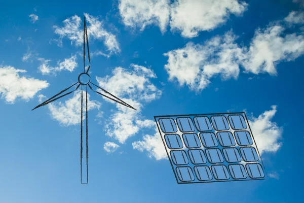 Energía renovable: turbina de parques eólicos y panel solar —  Fotos de Stock