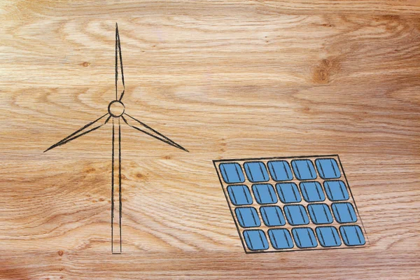 Energía renovable: turbina de parques eólicos y panel solar —  Fotos de Stock