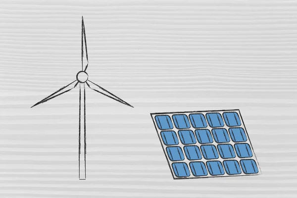 Energía renovable: turbina de parques eólicos y panel solar —  Fotos de Stock