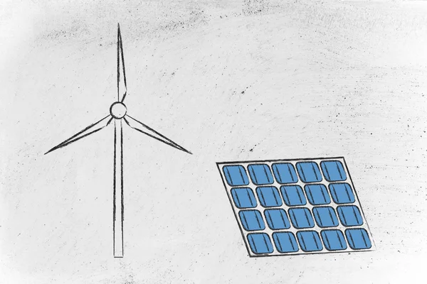 Energia odnawialna: wiatr Turbina parku i kolektorów słonecznych — Zdjęcie stockowe