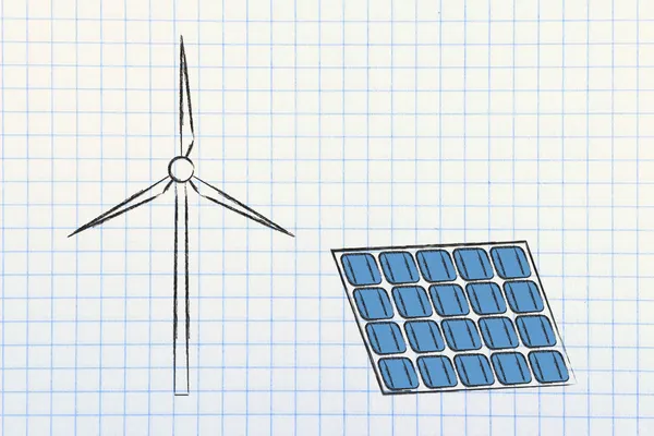 Energia odnawialna: wiatr Turbina parku i kolektorów słonecznych — Zdjęcie stockowe