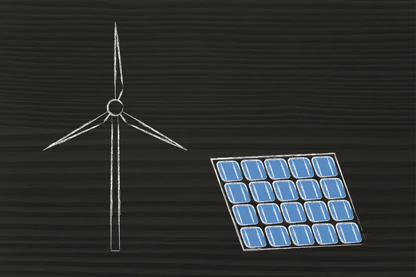 Energía renovable: turbina de parques eólicos y panel solar —  Fotos de Stock