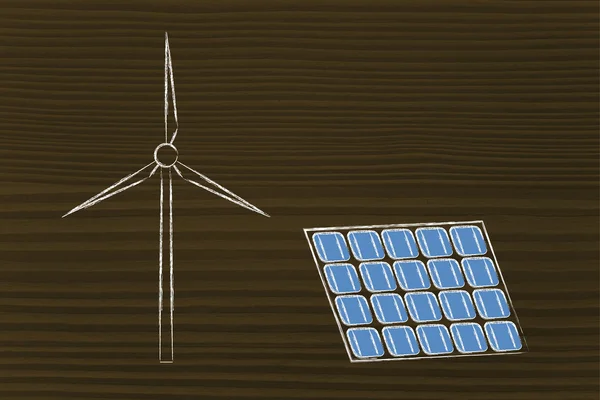 Відновлювана енергетика: турбіна вітропарку та сонячна панель — стокове фото