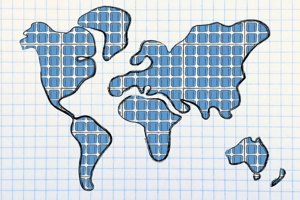 Weltkarte mit Sonnenkollektoren bedeckt — Stockfoto