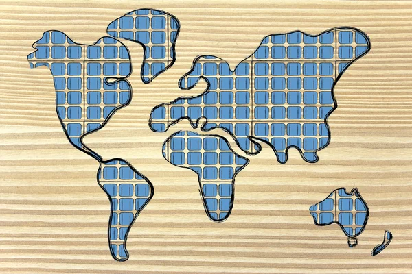 Världskarta som omfattas av solpaneler — Stockfoto