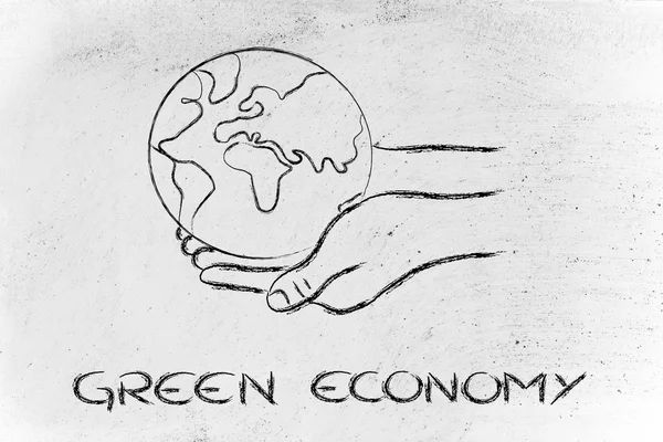 Economía verde: manos sosteniendo el planeta — Foto de Stock