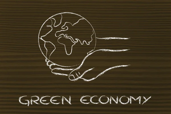 Économie verte : mains tenant la planète — Photo