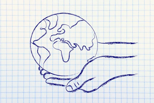 Зеленая экономика: руки держат планету — стоковое фото