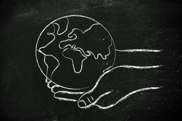Зеленая экономика: руки держат планету — стоковое фото