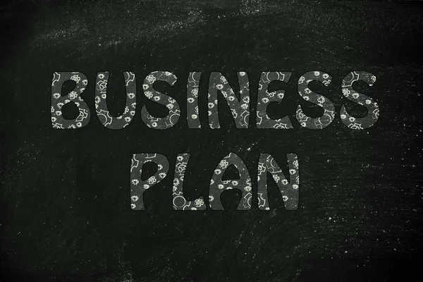 Business plan scrittura con ruote dentate incandescente modello — Foto Stock