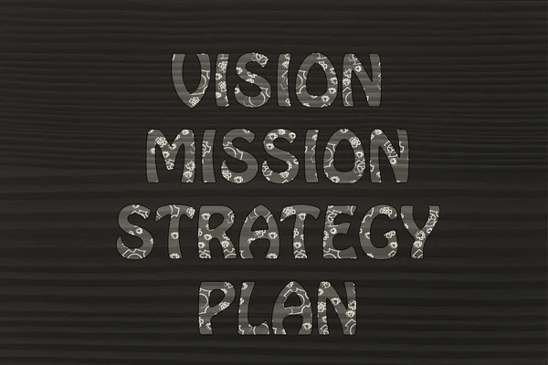 Vision, uppdrag, strategi, plan skriver med glödande nytillverka — Stockfoto