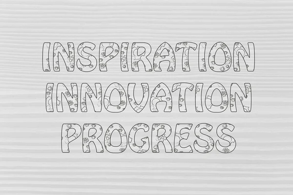 Inspiration, innovation, progress writing with glowing gearwheel — Stock Photo, Image